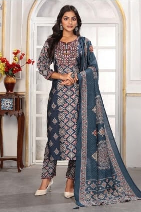 Salwar Kameez bleu en Chanderi imprimé SK155903