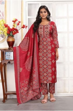 Salwar Kameez en rayonne imprimée rouge SK155905
