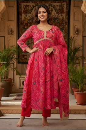 Salwar Kameez rouge en soie imprimée SK159100