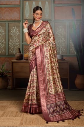 Sari beige en soie imprimé SR30023