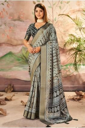 sari imprimé en soie gris carbone SR28433
