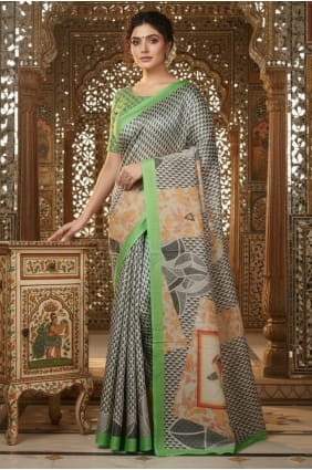 Sari en crêpe imprimé vert SR29816