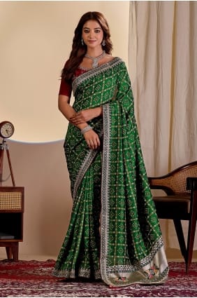 Sari en soie verte imprimé SR30172