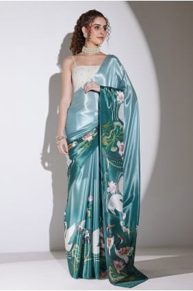 Sari en soie verte à imprimé SR30248