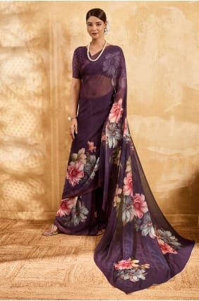 Sari en georgette imprimée violette SR29958
