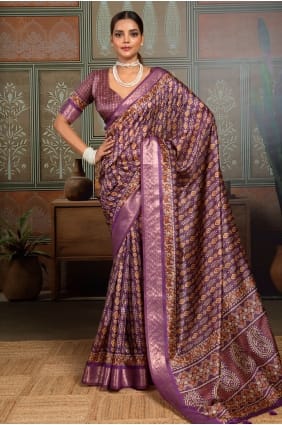 Sari violet en soie imprimée SR30019
