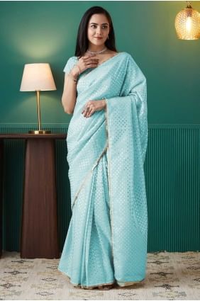 Organza Sari bleu ciel imprimé SR28719