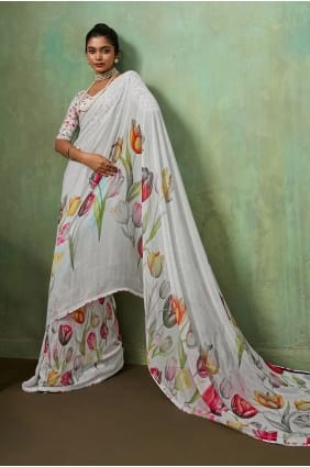 Sari blanc en georgette imprimée SR29966