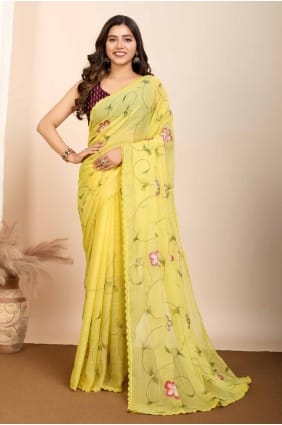 Saris imprimé en georgette jaune SR28029