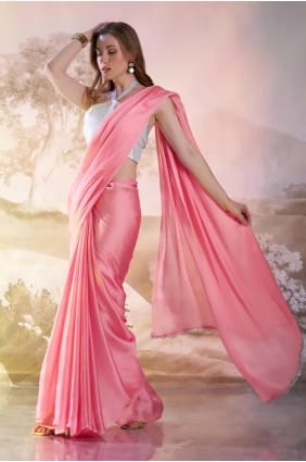 sari en satin imprimé rose avec chemisier SR28133