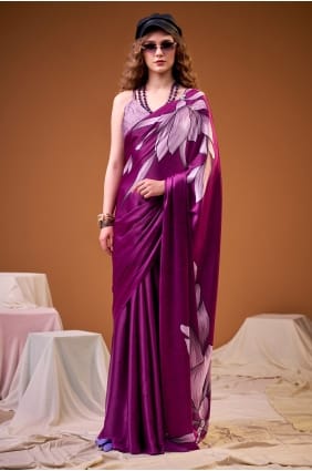 Sari violet en satin imprimé SR29932