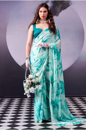 Sari en satin imprimé vert d'eau SR29936