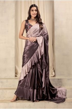 Sari bordeaux en satin imprimé SR28732