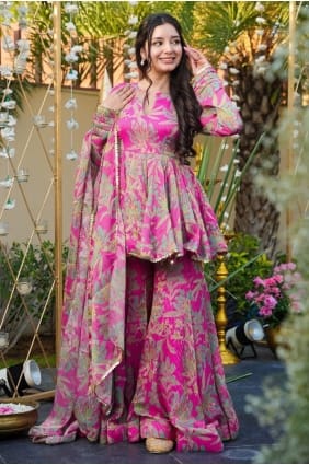 Ensemble Sharara en rayonne rose avec imprimé SS1359