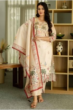 Salwar Kameez en soie imprimée beige avec dupatta SK155656