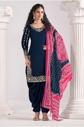 Ensemble Patiala en soie imprimée bleue PS2441
