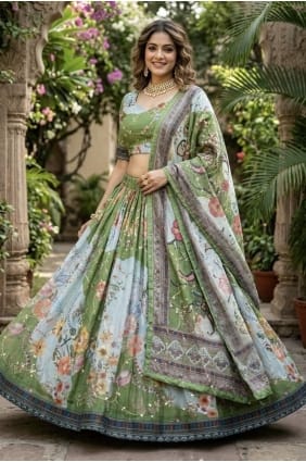 Lehenga Choli en soie verte imprimée LC9129