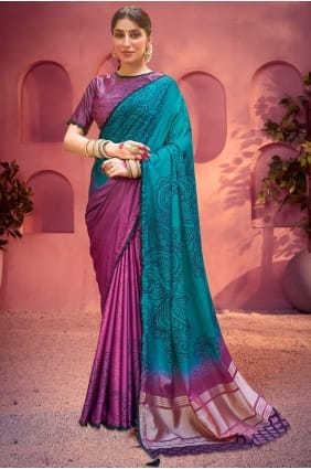 Sari en soie violette et bleue imprimée SR29064