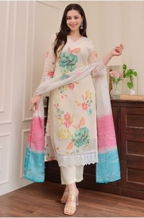 Salwar Kameez en soie crème avec imprimé SK155770
