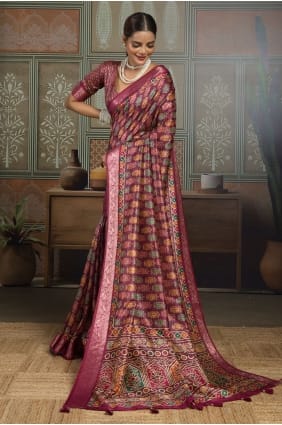 Sari bordeaux en soie imprimée SR30025