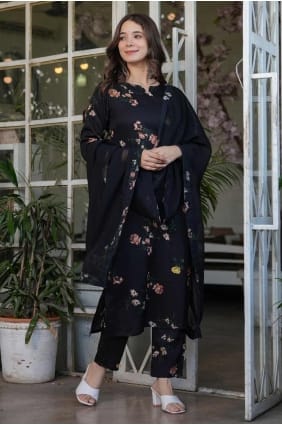 Tailleur pantalon droit imprimé en soie noire SK155250