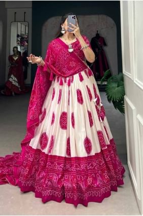 printed tussar silk pink wedding lehenga choli with dupatta LC8297