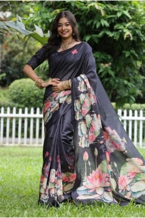 Sari noir en soie tussar imprimée SR29680
