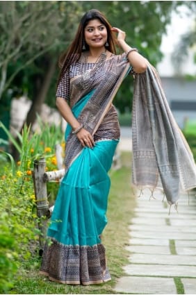 Saree en soie Tussar avec imprimé en Firozi SR29687