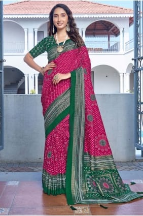 Sari rose en soie Tussar imprimée SR29485
