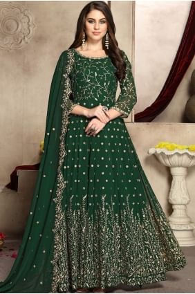 Costume s Georgette Anarkali vert foncé ASU2255