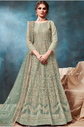 Costume de filet Anarkali vert pastel AS2276