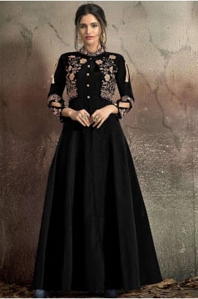 robe de soirée en taffetas noir et soie artistique GWU0054