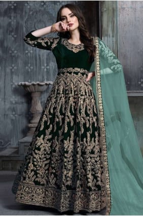 costume anarkali de velours vert foncé AS2377