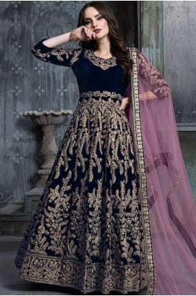 costume s anarkali en velours bleu marine AS2378