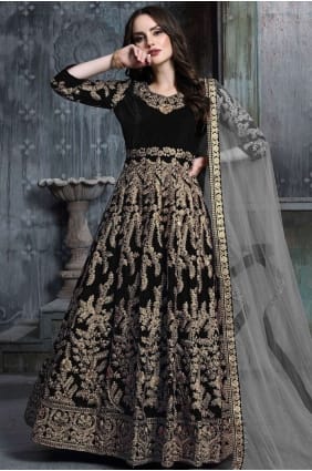 costume s anarkali en velours noir AS2379