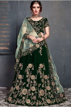 lehenga choli de velours vert foncé lc2431