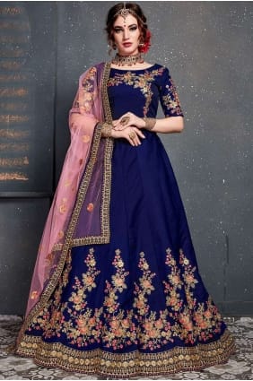 satin bleu royal et lehenga choli de soie lc2433