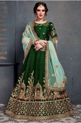 satin vert foncé et lehenga choli de soie lc2439