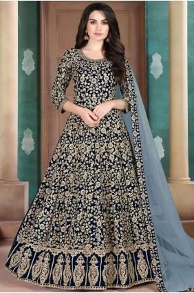 costume anarkali en georgette bleu marine AS2506