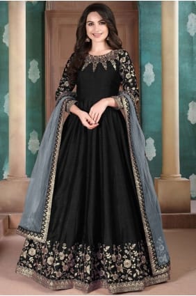 costume anarkali en soie noire AS2575