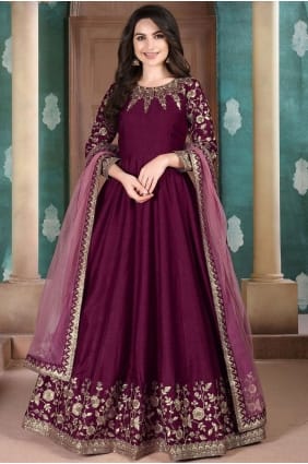 costume anarkali en soie de vin AS2576