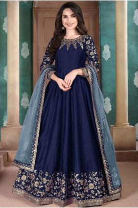 costume anarkali en soie bleu roi AS2577