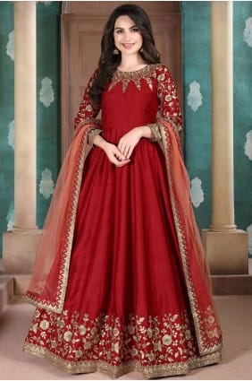costume anarkali en soie rouge AS2578