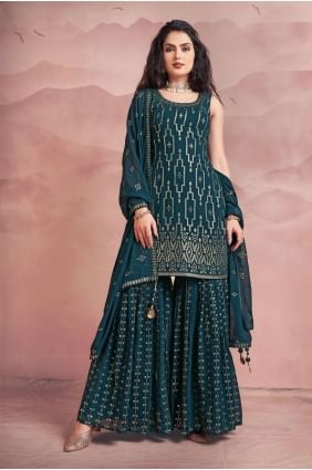 costume bleu rama sharara en georgette avec broderies SSU1054