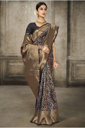 Saris de soie Banarasi avec tissage en noir SR24661