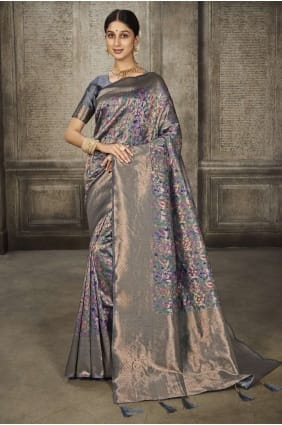 Saris de soie Banarasi avec tissage en gris SR24662