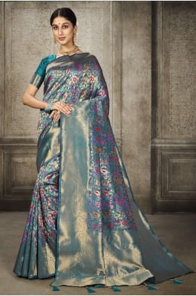 tissage sari en soie banarasi turquoise SR24664