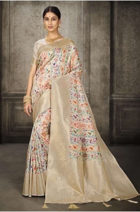 sari en soie banarasi avec tissage en blanc SR24665