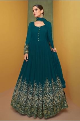 costume anarkali en georgette brodé bleu aqua AS3643