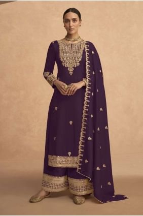 costume patiala brodé en georgette violette PZ3635